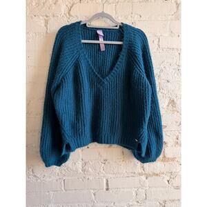 Savage X Fenty Teal Fuzzy Ribbed Cropped Sweater Size Large Balloon Sleeve